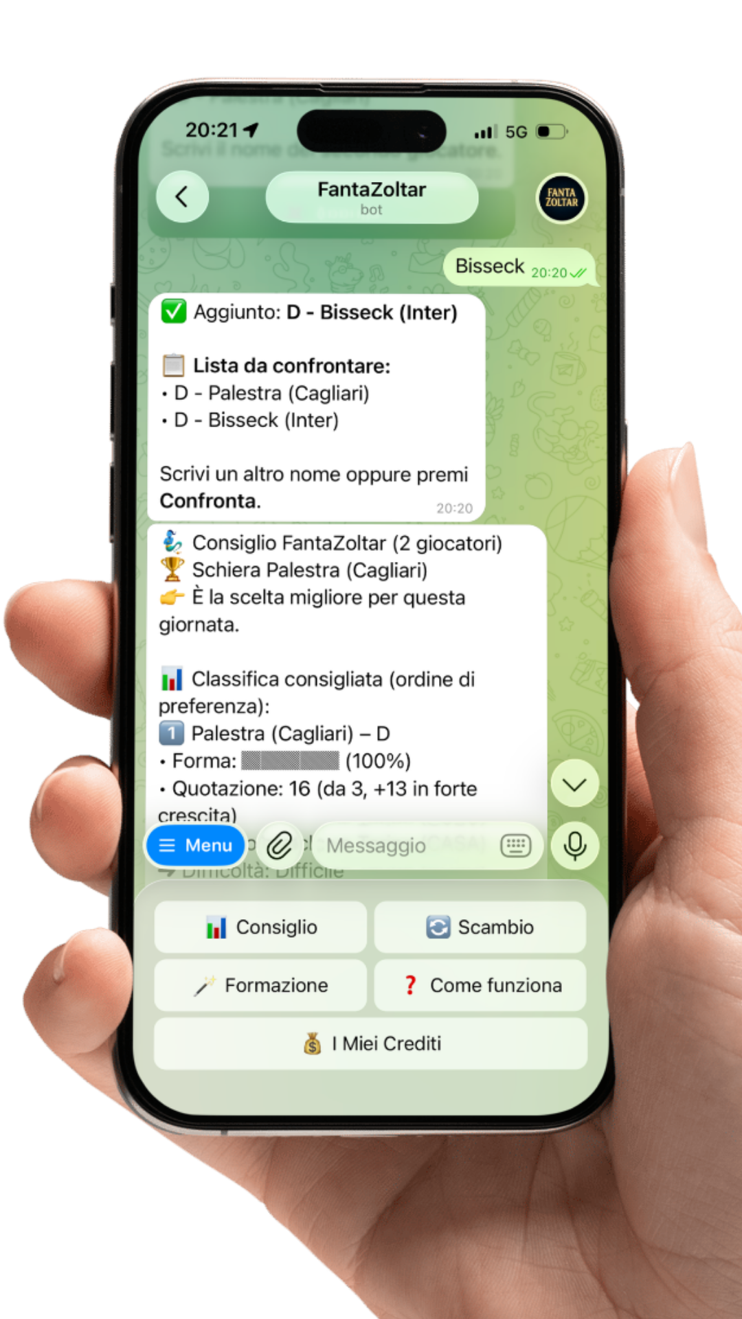 FantaZoltar aperto su Telegram con i comandi Consiglio, Scambio, Formazione, Come funziona e I Miei Crediti